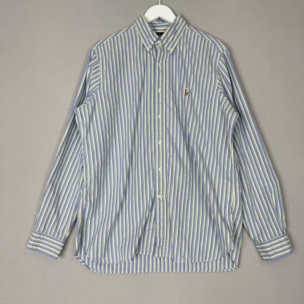 Ralph Lauren Mens Dress Shirt 16.5 Blue Striped Small Pony Button Down Preppy‎